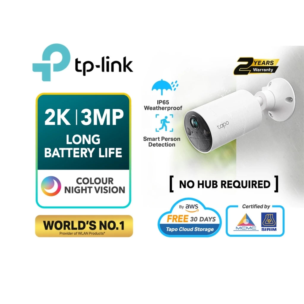 TP-Link 2K/3MP Wire Free Solar Panel Powered CCTV Battery Camera Color Night Vision IP65 Tapo C410 KIT No Hub Required