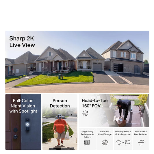 TP-Link 2K 3MP Tapo D210 Color Night Vision Smart Wireless Battery Video Doorbell Head-to-Toe View IP65 Weatherproof