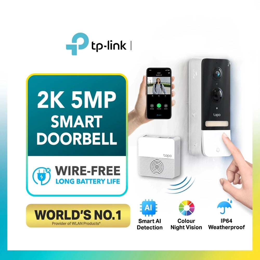 TP-Link 2K 5MP Color Night Vision Smart Wireless Battery Video Doorbell Head-to-Toe IP64 Weatherproof Tapo D230S1 / D210