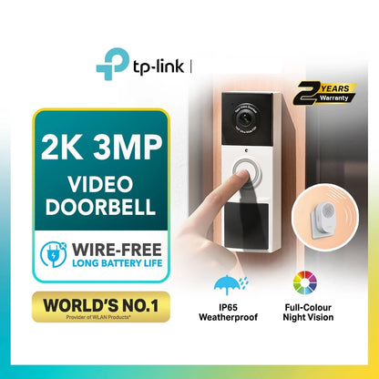 TP-Link 2K 3MP Tapo D210 Color Night Vision Smart Wireless Battery Video Doorbell Head-to-Toe View IP65 Weatherproof
