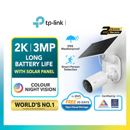 TP-Link 2K/3MP Wire Free Solar Panel Powered CCTV Battery Camera Color Night Vision IP65 Tapo C410 KIT No Hub Required