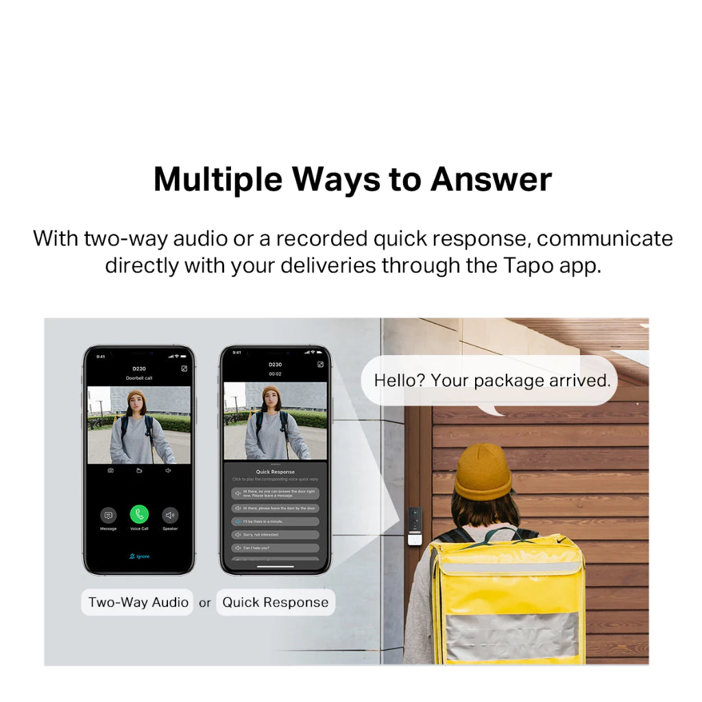 TP-Link 2K 5MP Color Night Vision Smart Wireless Battery Video Doorbell Head-to-Toe IP64 Weatherproof Tapo D230S1 / D210