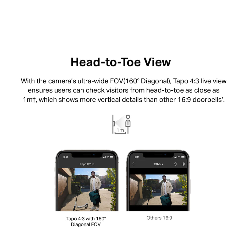 TP-Link 2K 5MP Color Night Vision Smart Wireless Battery Video Doorbell Head-to-Toe IP64 Weatherproof Tapo D230S1 / D210