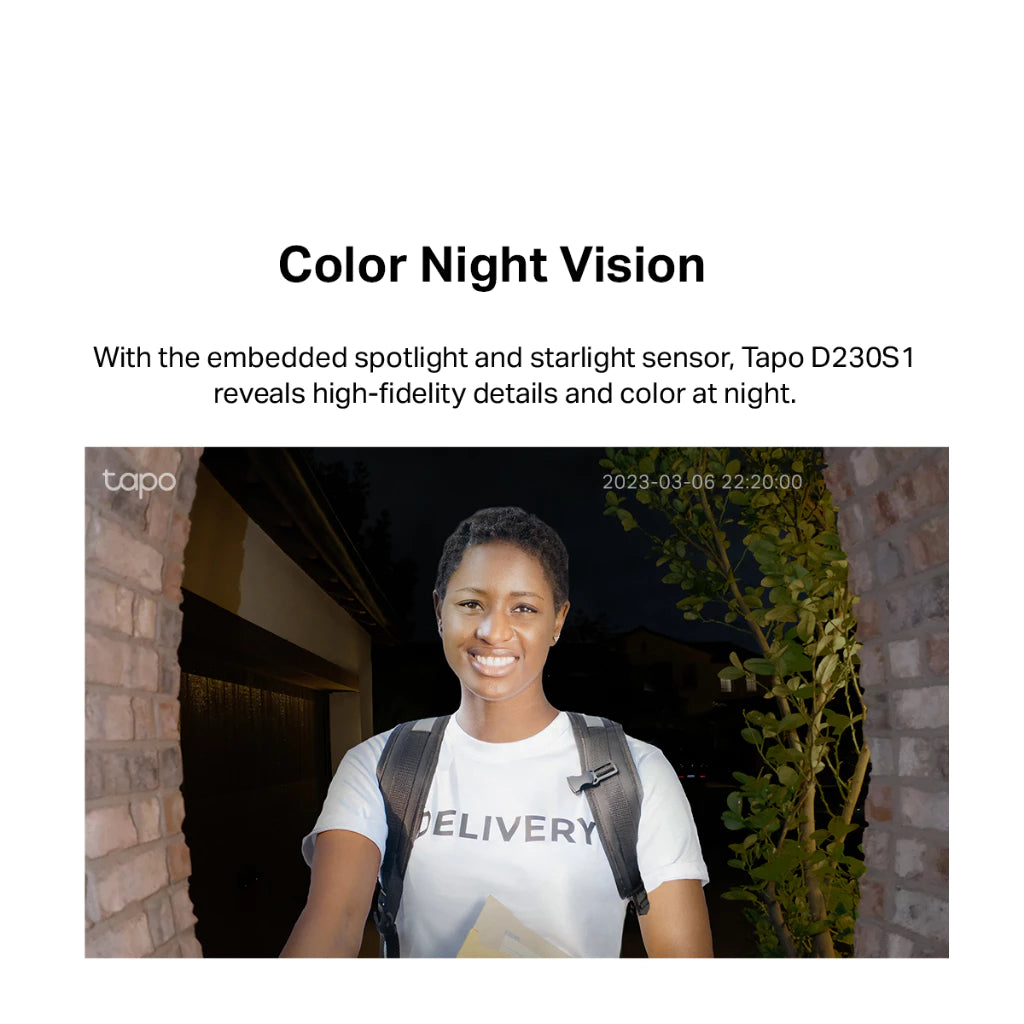 TP-Link 2K 5MP Color Night Vision Smart Wireless Battery Video Doorbell Head-to-Toe IP64 Weatherproof Tapo D230S1 / D210