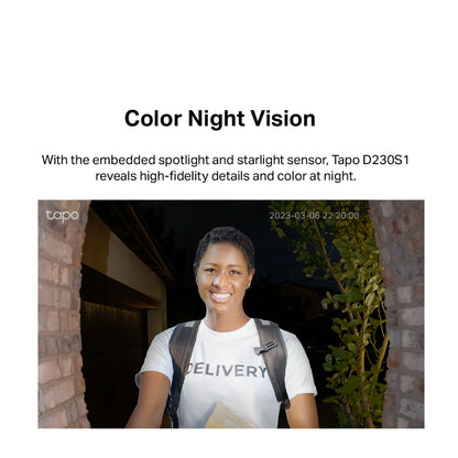TP-Link 2K 5MP Color Night Vision Smart Wireless Battery Video Doorbell Head-to-Toe IP64 Weatherproof Tapo D230S1 / D210