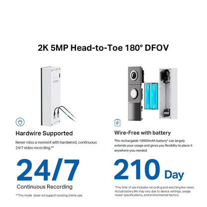 TP-Link 2K 5MP Color Night Vision Smart Wireless Battery Video Doorbell 180 Ultra-Wide View IP66 Weatherproof Tapo D235