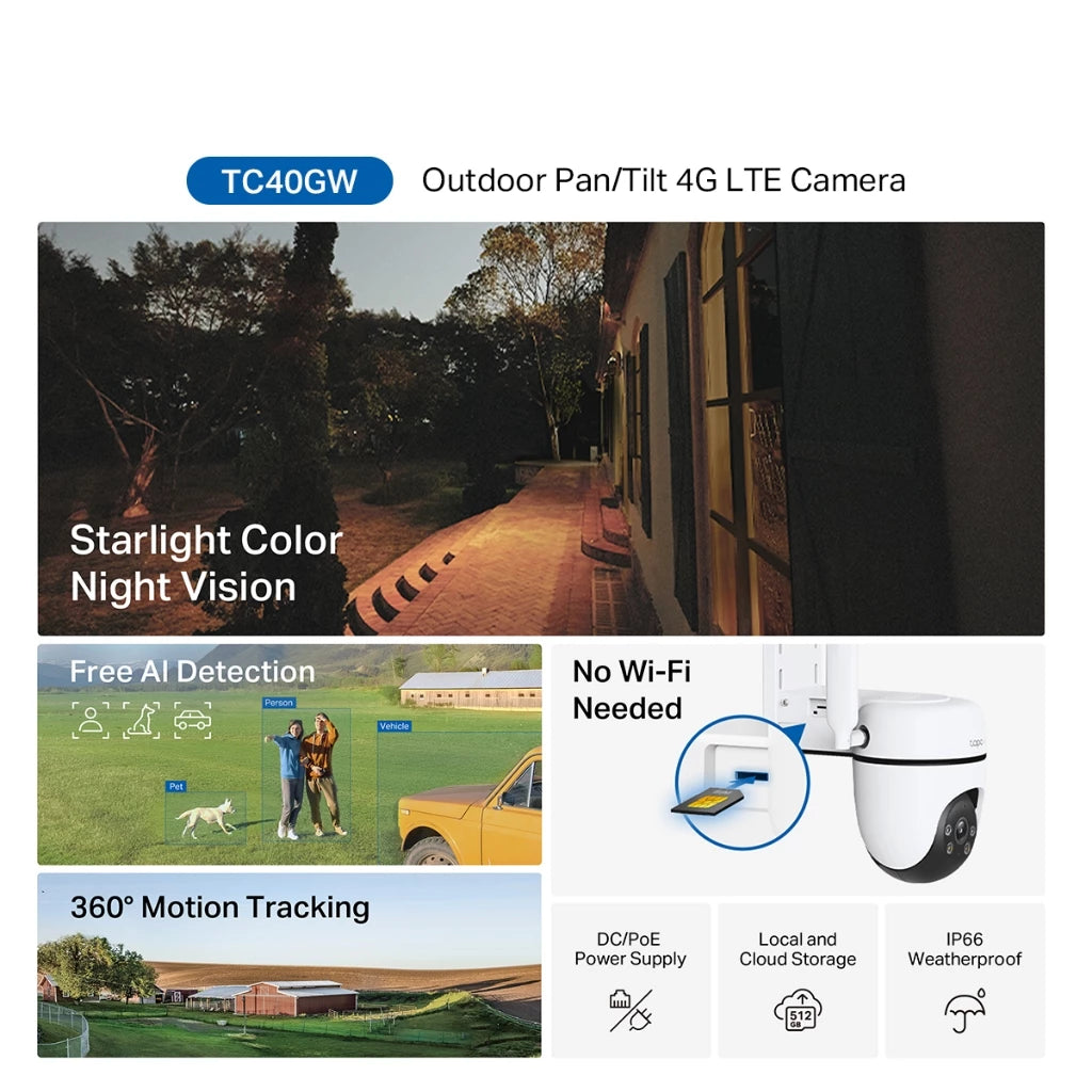 TP-Link Tapo TC40GW 4G Sim Card CCTV Camera 1080P 360 Outdoor Weatherproof CCTV Night Vision