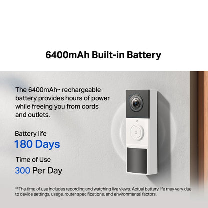 TP-Link 2K 3MP Tapo D210 Color Night Vision Smart Wireless Battery Video Doorbell Head-to-Toe View IP65 Weatherproof