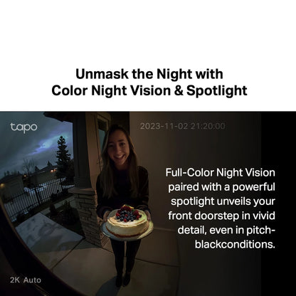 TP-Link 2K 3MP Tapo D210 Color Night Vision Smart Wireless Battery Video Doorbell Head-to-Toe View IP65 Weatherproof
