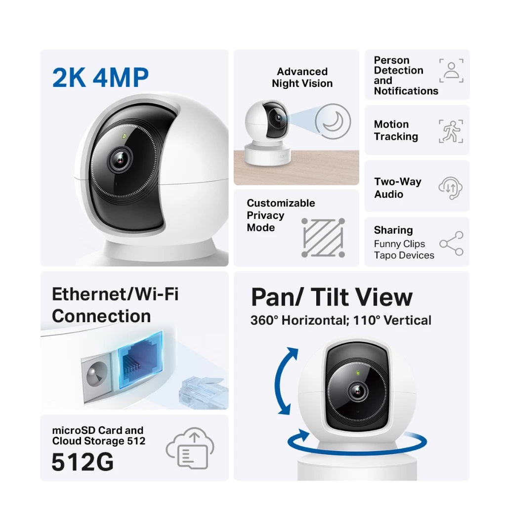 TP-Link Tapo C222 2K 4MP WiFi Camera CCTV with Ethernet / WiFi Connection 360 Degree IP Camera Pan & Tilt C212 & C202