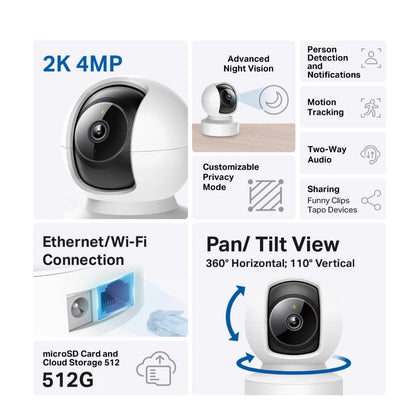 TP-Link Tapo C222 2K 4MP WiFi Camera CCTV with Ethernet / WiFi Connection 360 Degree IP Camera Pan & Tilt C212 & C202